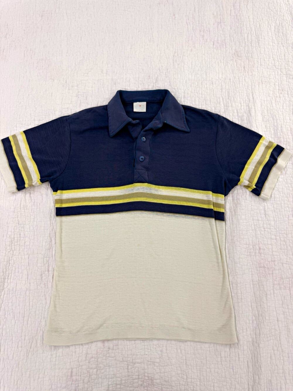 Vintage youth Striped Knit Polo Shirt Short Sleeve Collared Button Blue Large